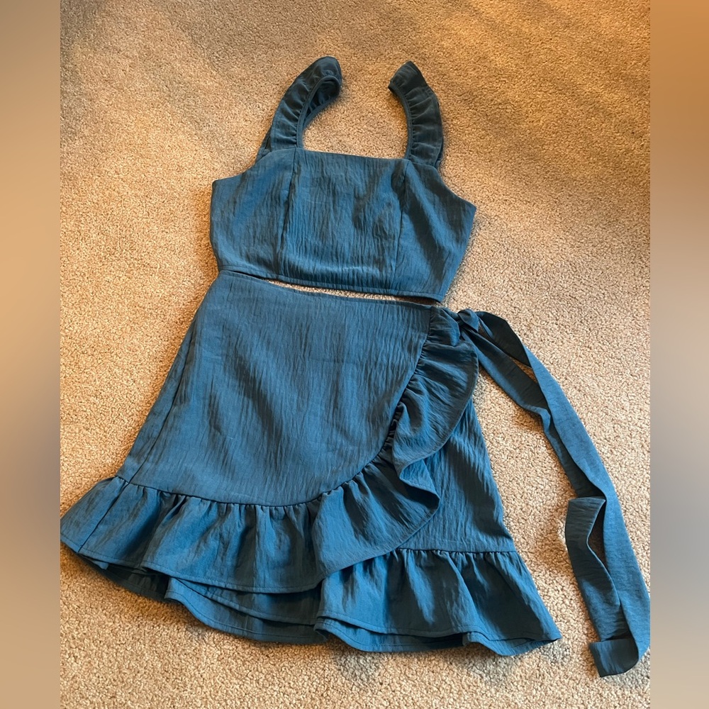 Pink Lily two piece blue skirt and crop top set